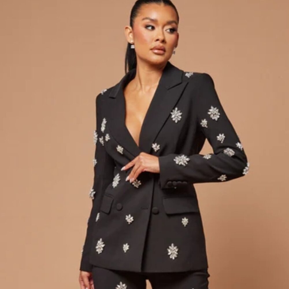 Fashion Nova Black Embellished Double-Breasted Blazer